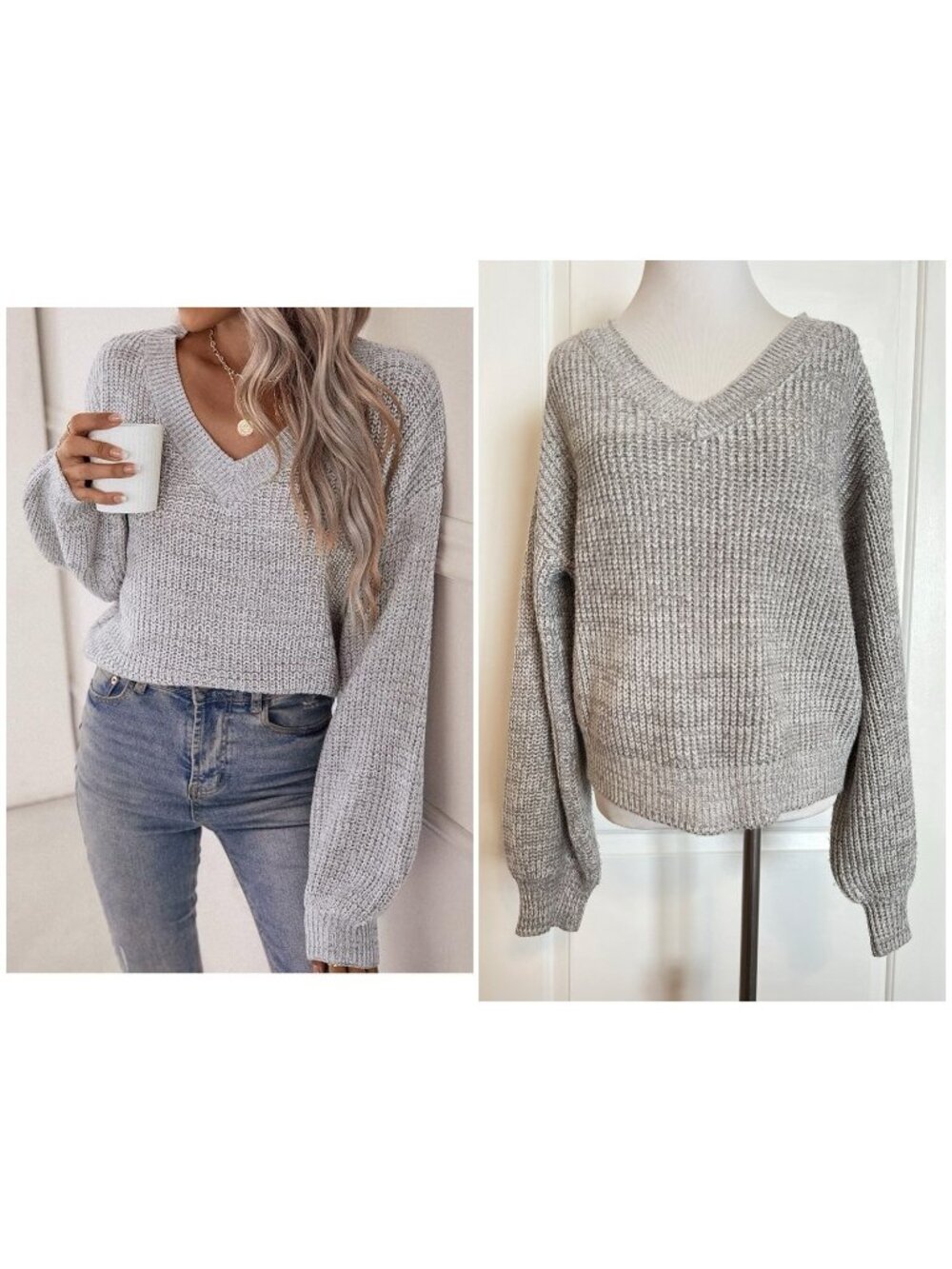 V Neck Drop Shoulder Ribbed Knit Casual Sweater Lightweight Everyday Gray M 6